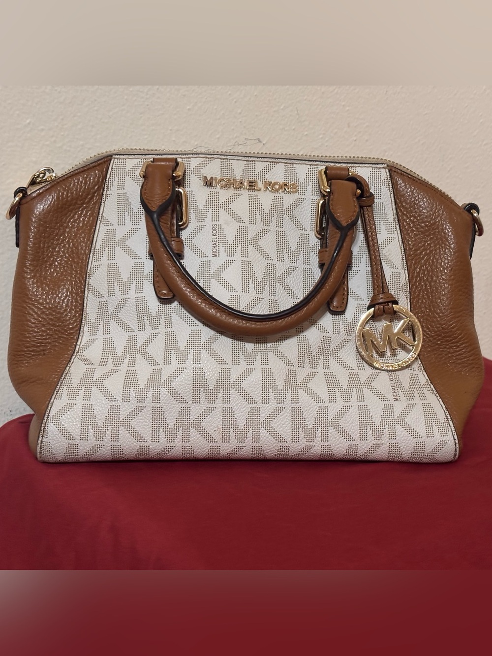 Michael Kors White Logo Canvas Satchel with Brown Leather Trim